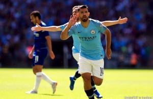 Sergio Agüero, célébrant un but avec Manchester City